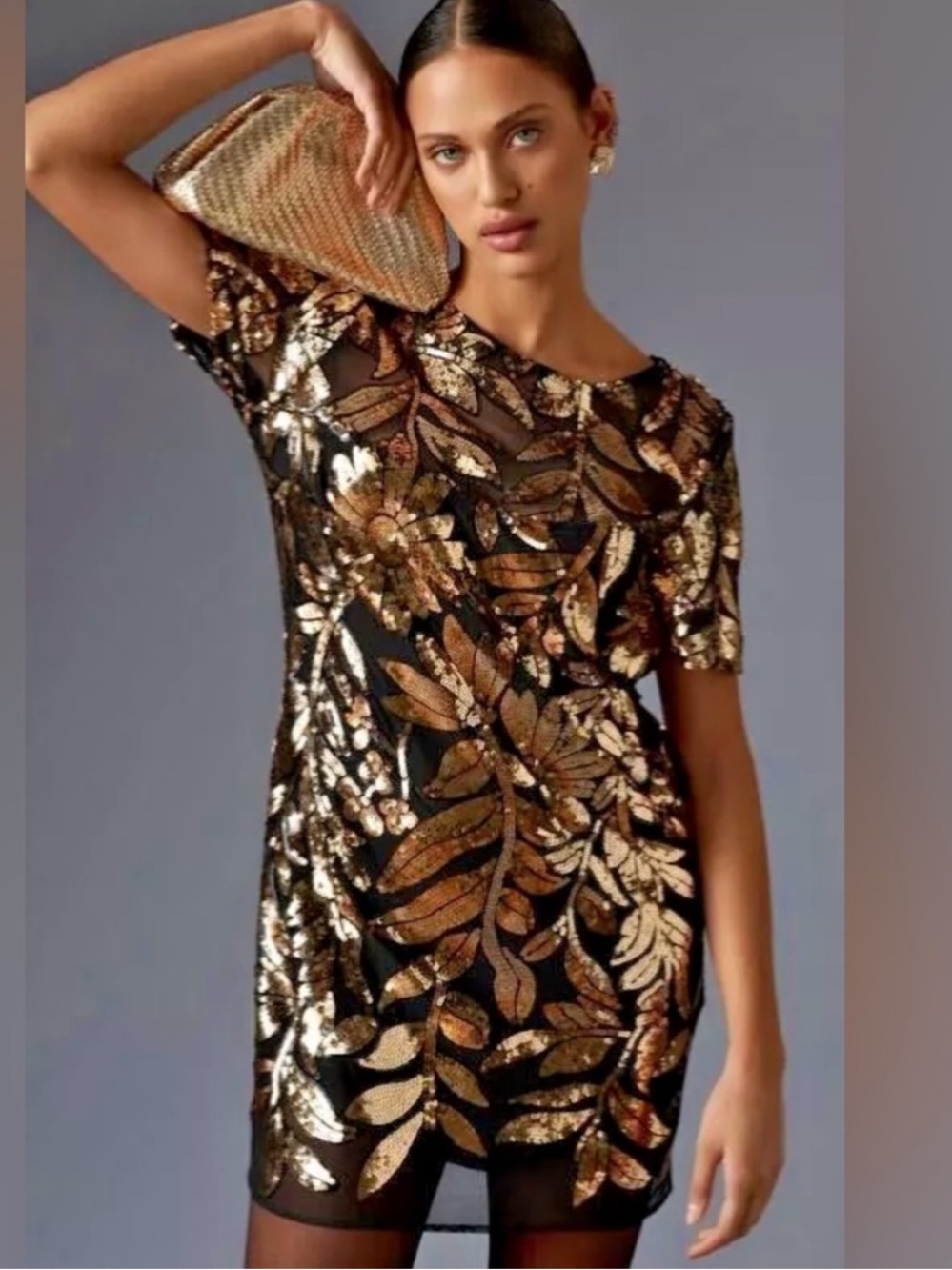 Anthropologie Short-Sleeve Sheer Sequin Embellished Mini Dress Medium Black Gold